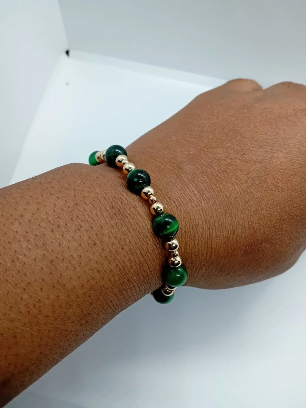 Green Tiger’s Eye Stretch Bracelet 14K Gold Filled | Elite Wealth Growth Focus